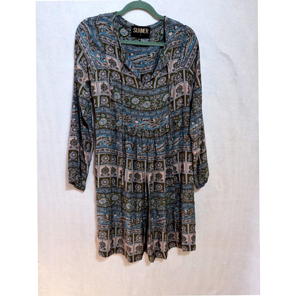 Sunner  Anthropologie Women‎ Floral 100% Silk Babydoll Mini Dress L Boho peasant